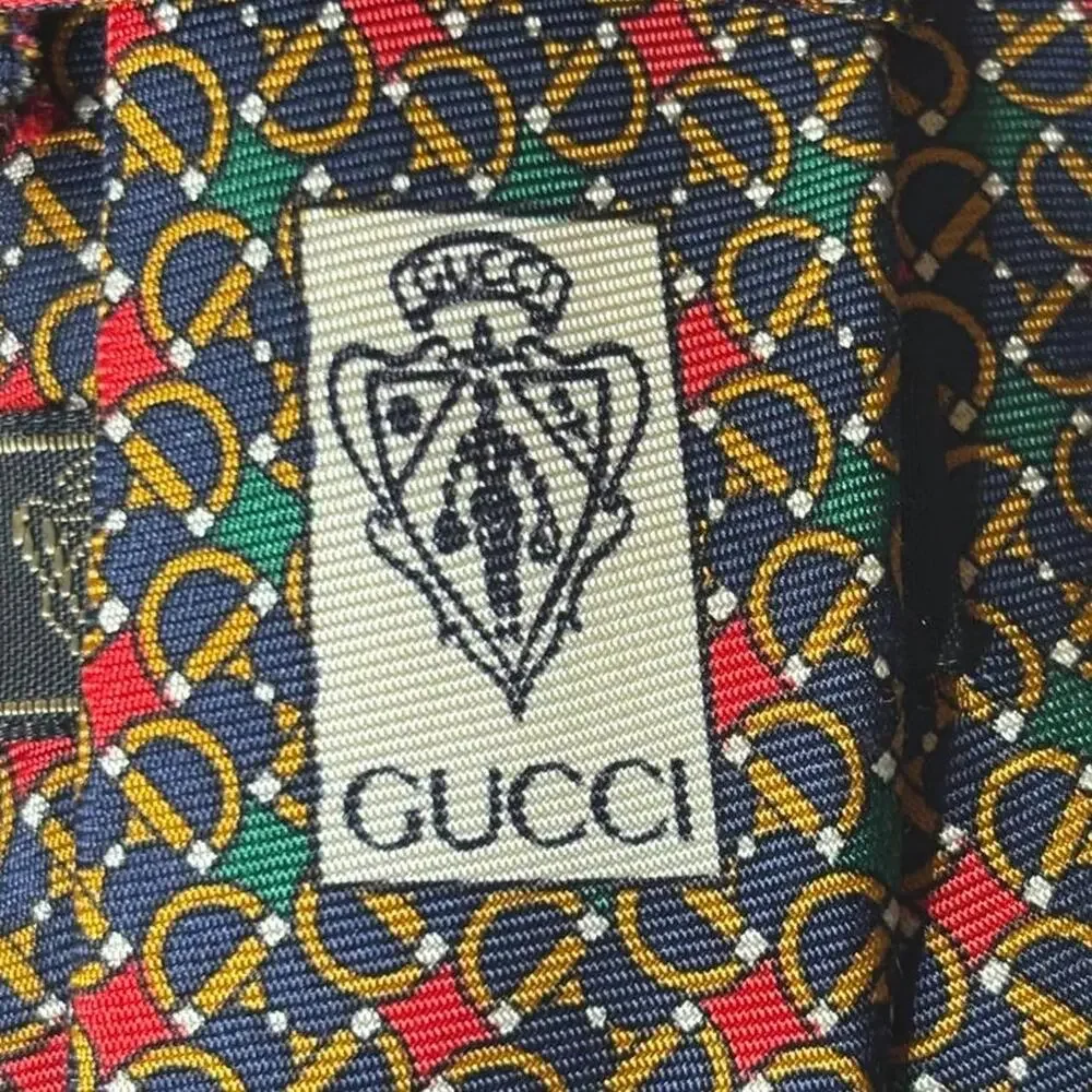 Vintage Gucci Silk Tie Italy Horsebit Stirrup Print Navy Red Green Equestrian